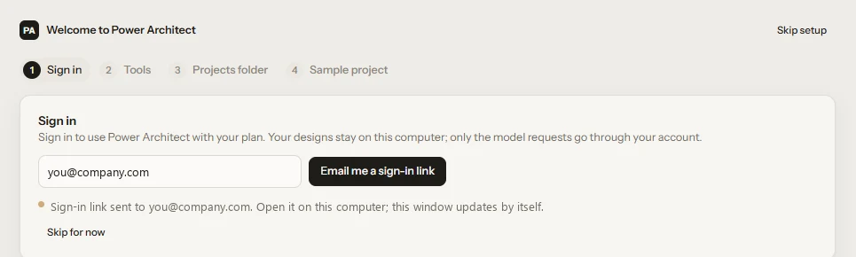 Welcome to Power Architect, step 1 Sign in: an email field, the Email me a sign-in link button, and the note that the link was sent.