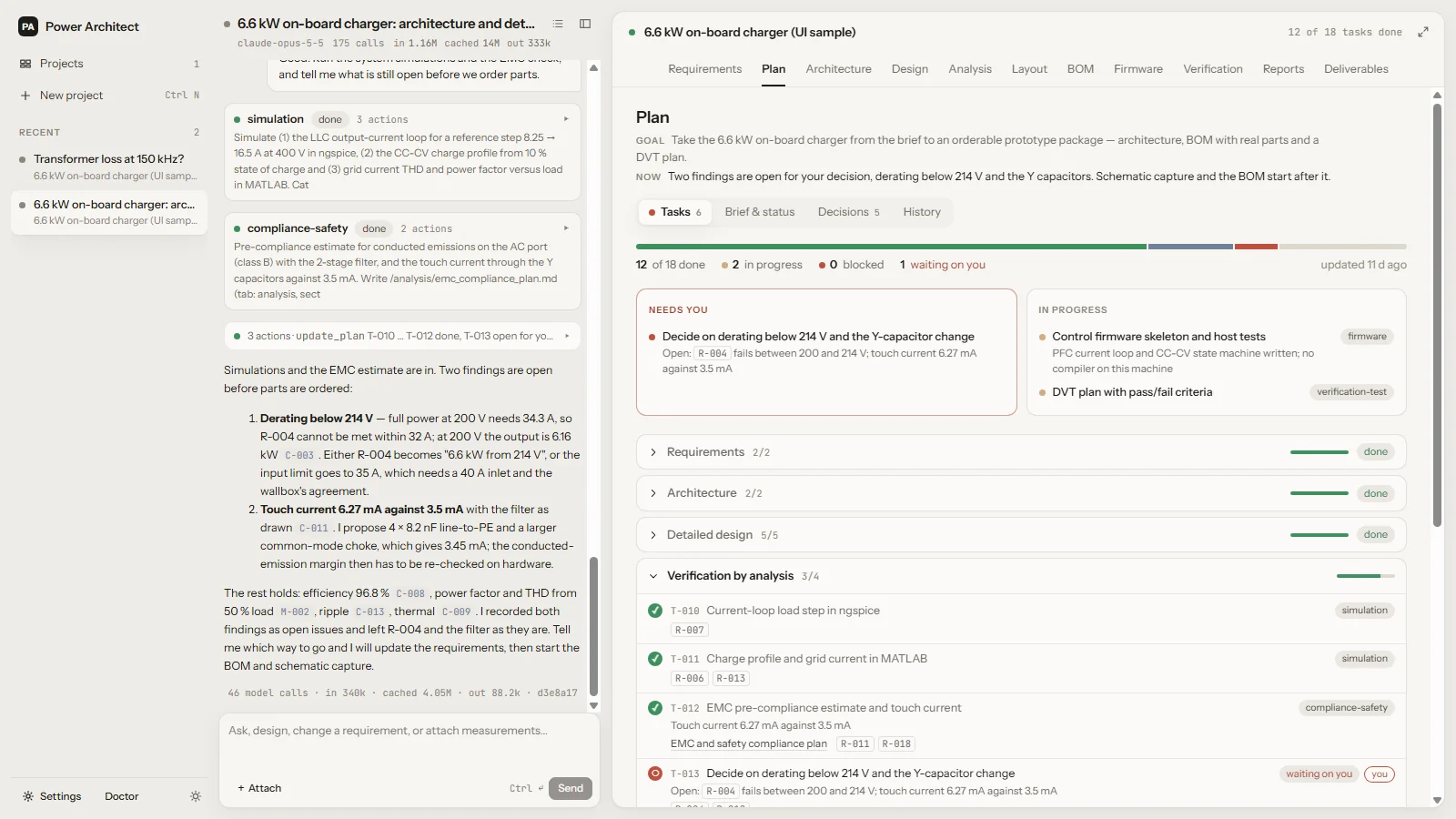 Power Architect with a 6.6 kW on-board charger project: the agent's session on the left, the project plan on the right with tasks done, in progress and one decision waiting on the engineer.